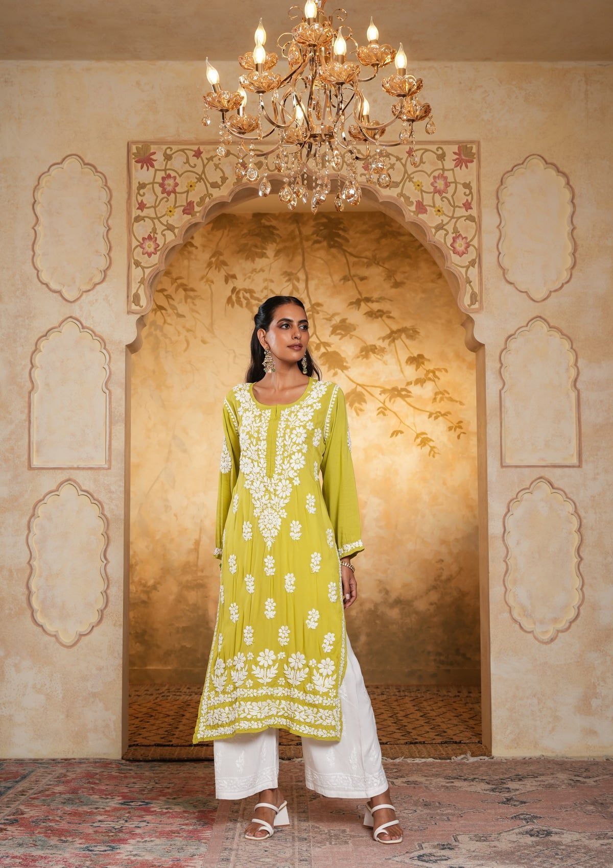 Modal Chikankari Solid Women's Long Kurta - Green