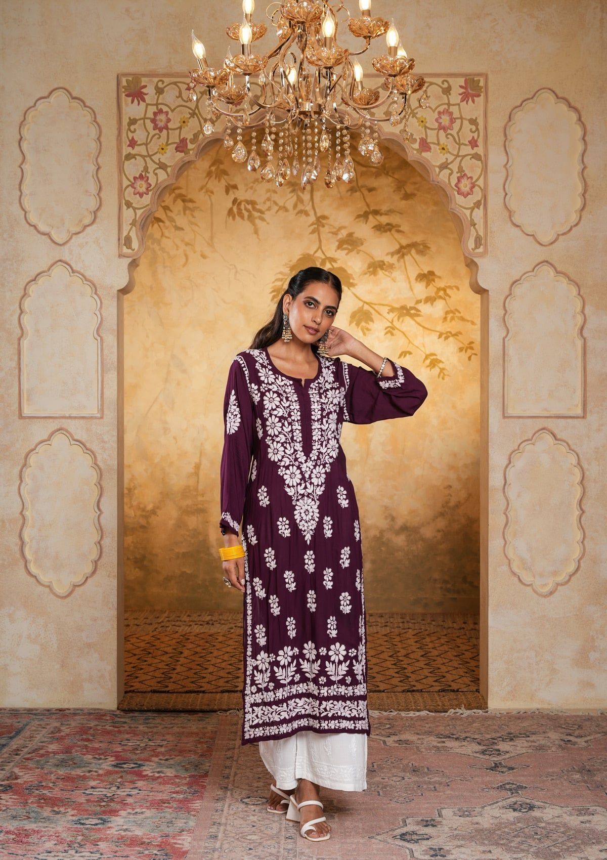Modal Chikankari Solid Women's Long Kurta - Purple