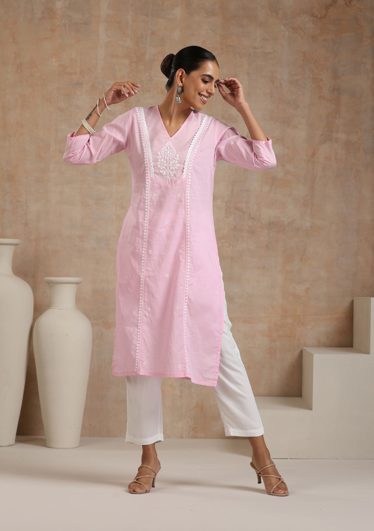 Cotton Chikankari Solid Women's Long Kurta - Pink
