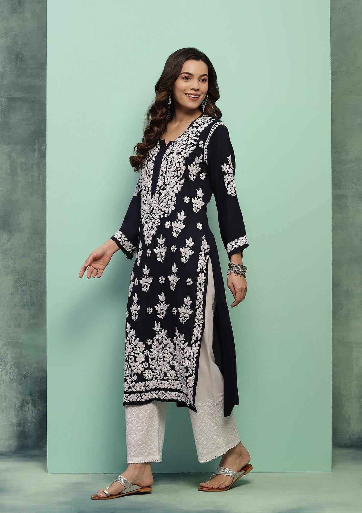 Modal Chikankari Solid Women's Long Kurta - Navy Blue