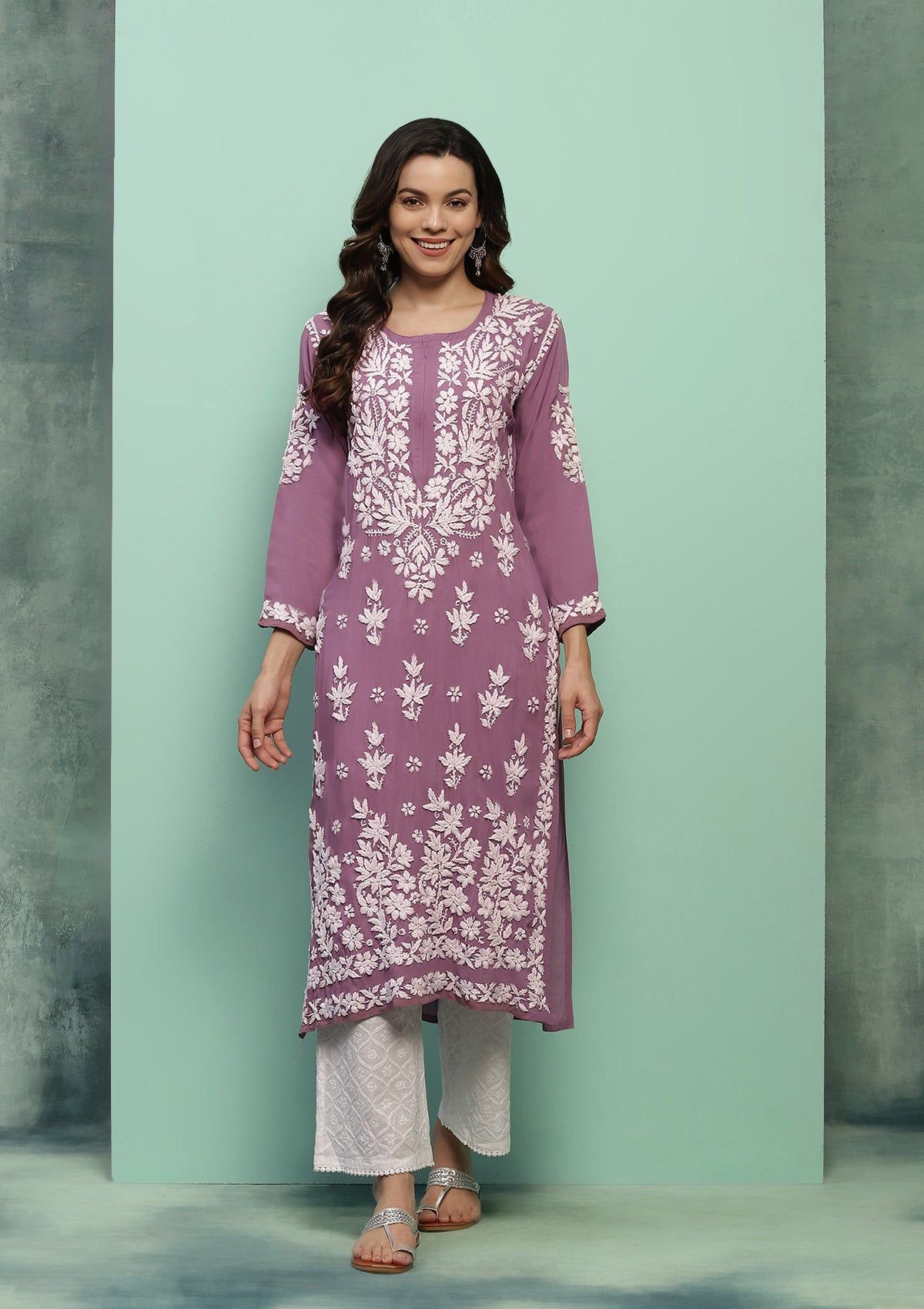 Modal Chikankari Solid Women's Long Kurta - Purple