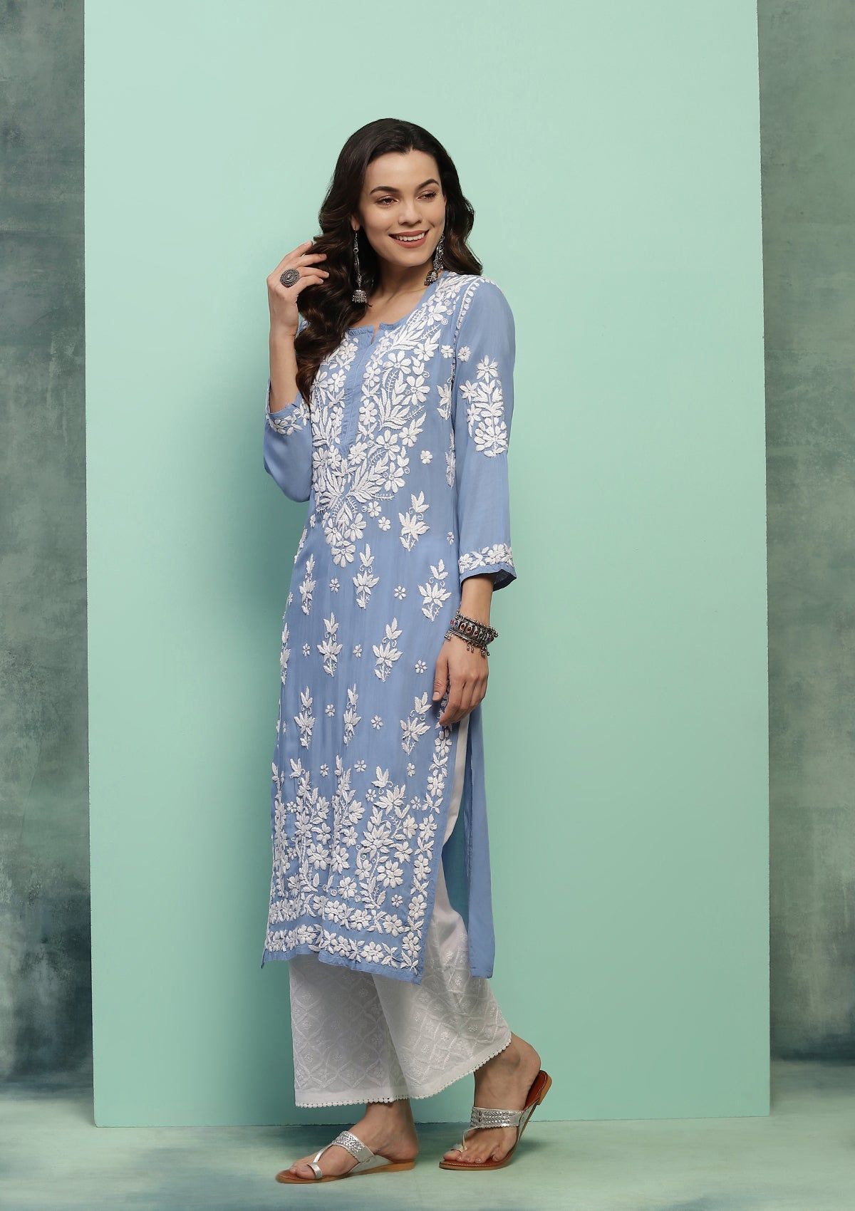 Modal Chikankari Solid Women's Long Kurta - Blue