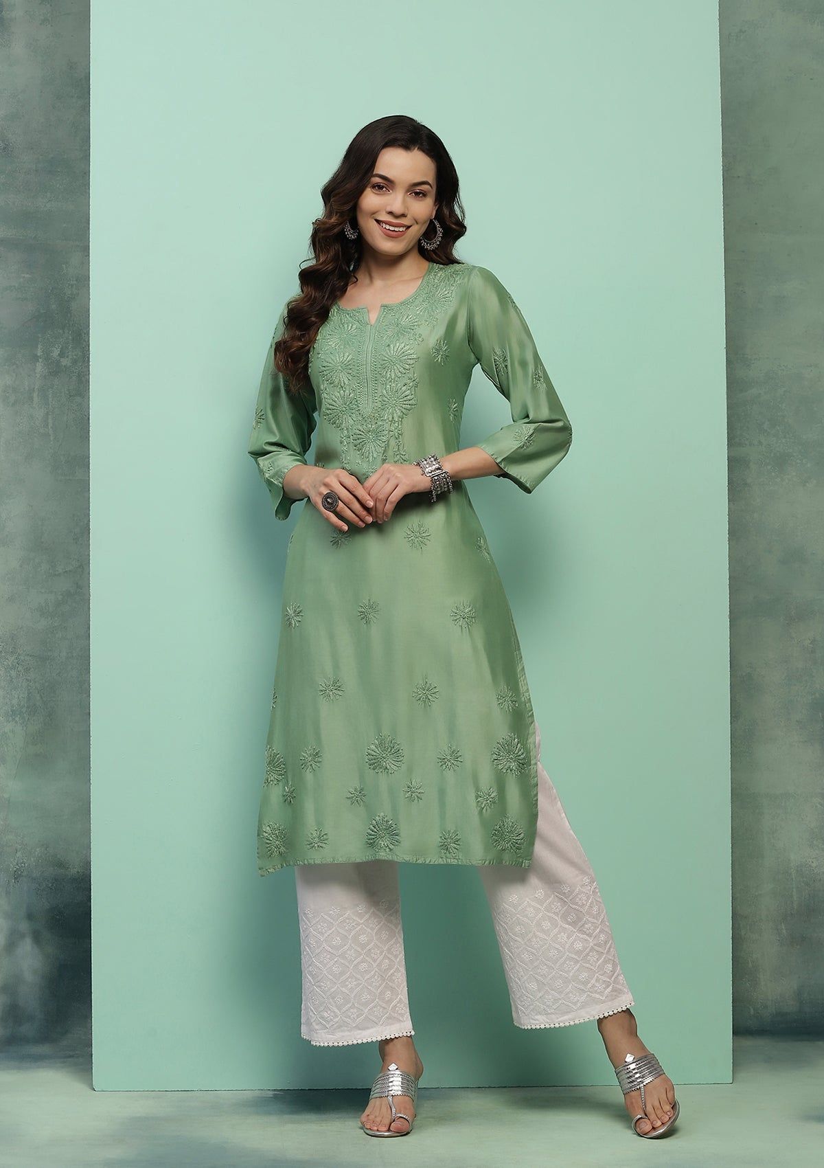 Chanderi Chikankari Solid Women's Long Kurta - Green