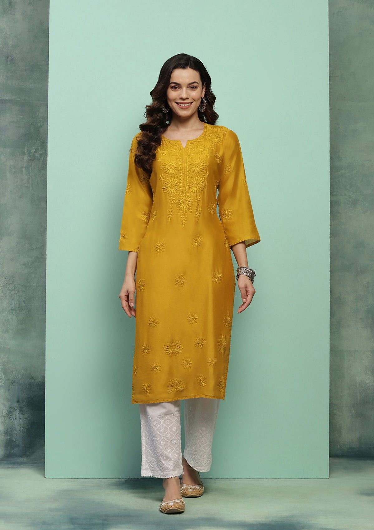 Chanderi Chikankari Solid Women's Long Kurta - Mustard