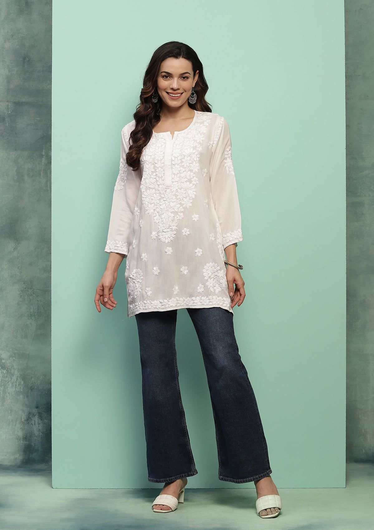 Modal Chikankari Solid Women's Short Kurta - White