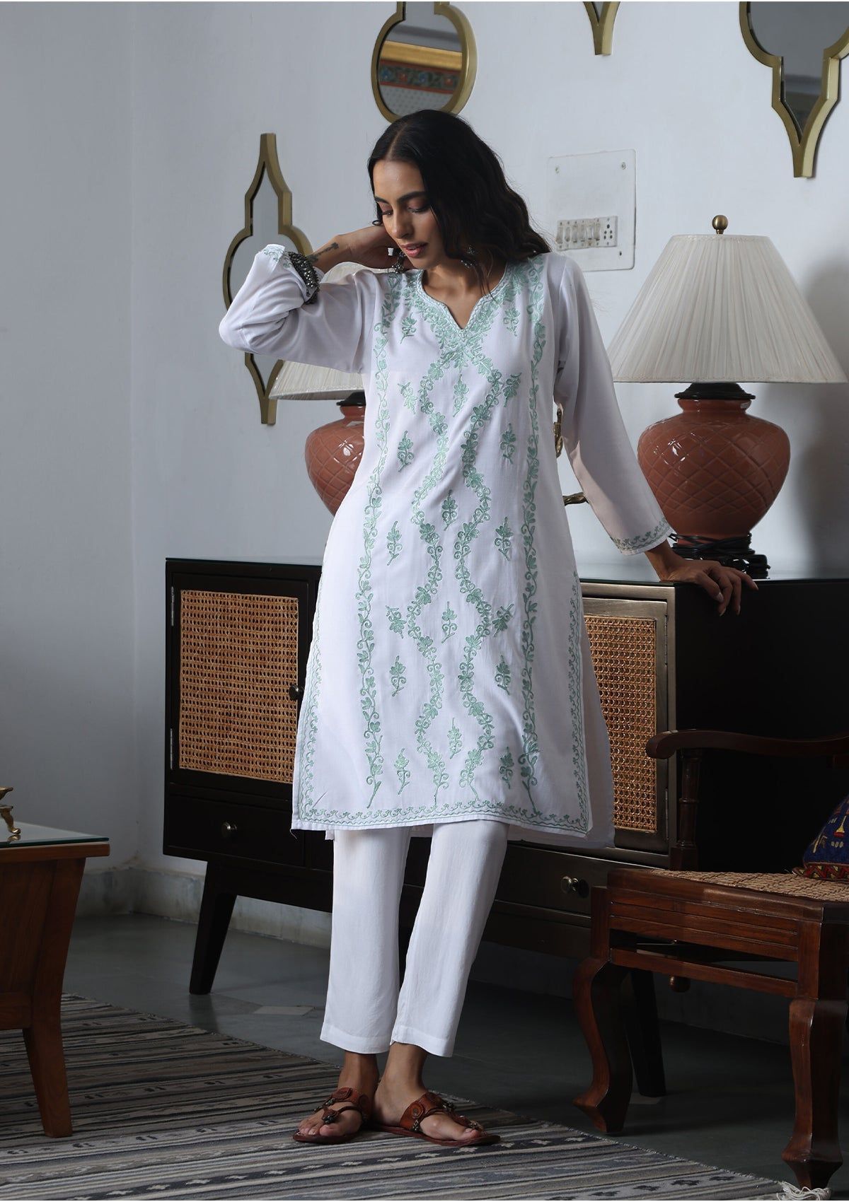 HOC Crafts Aari Embroidered Cotton Solid Women's Long Kurta - White