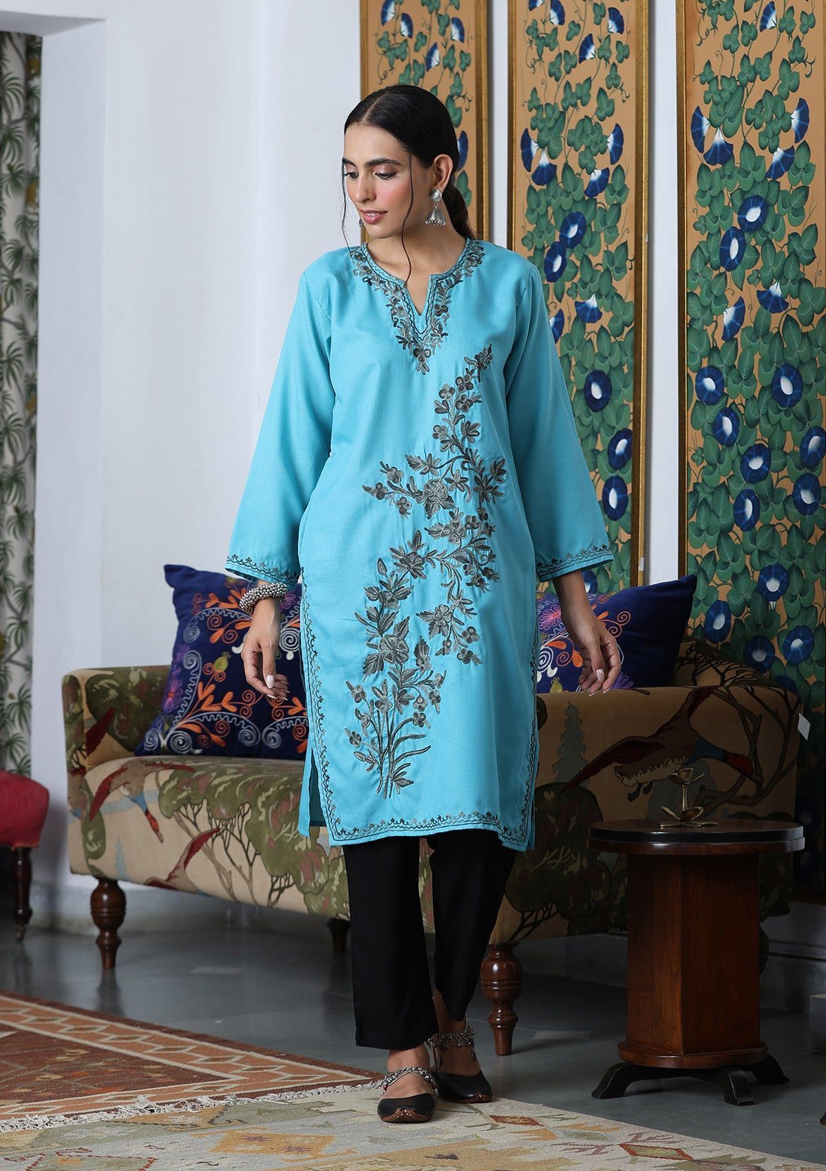 HOC Crafts Aari Embroidered Cotton Solid Women's Long Kurta - Blue
