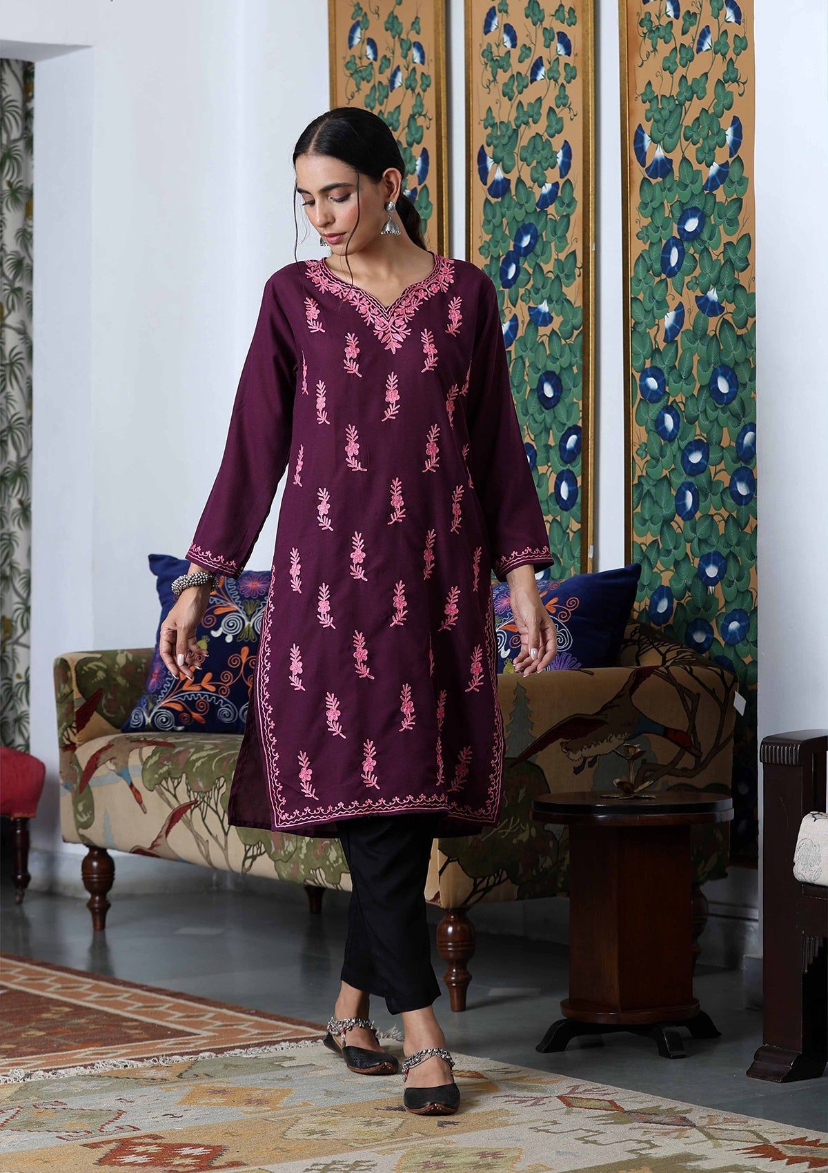 HOC Crafts Aari Embroidered Cotton Solid Women's Long Kurta - Dark Purple