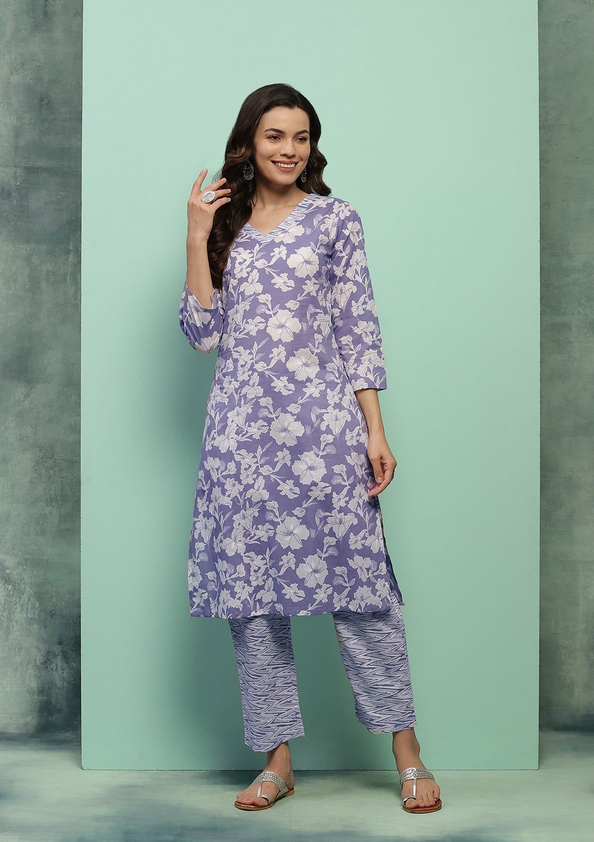 Cotton Printed Women's 2 PC Long Kurta Set - Purple