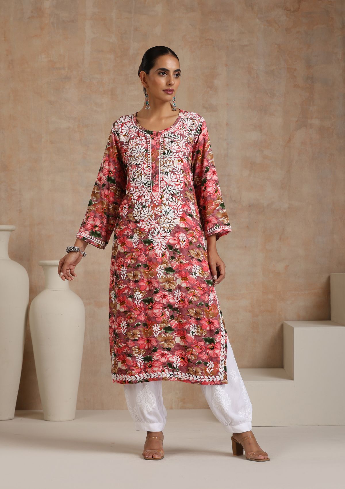 Rayon Chikankari Printed Women's Long Kurta - Multicolor