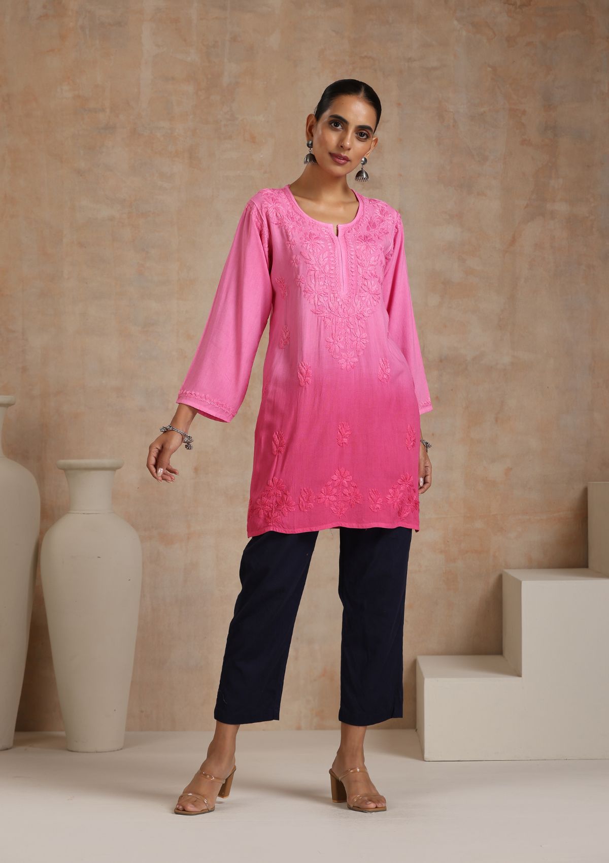 Rayon Chikankari Solid Women's Short Kurta - Pink