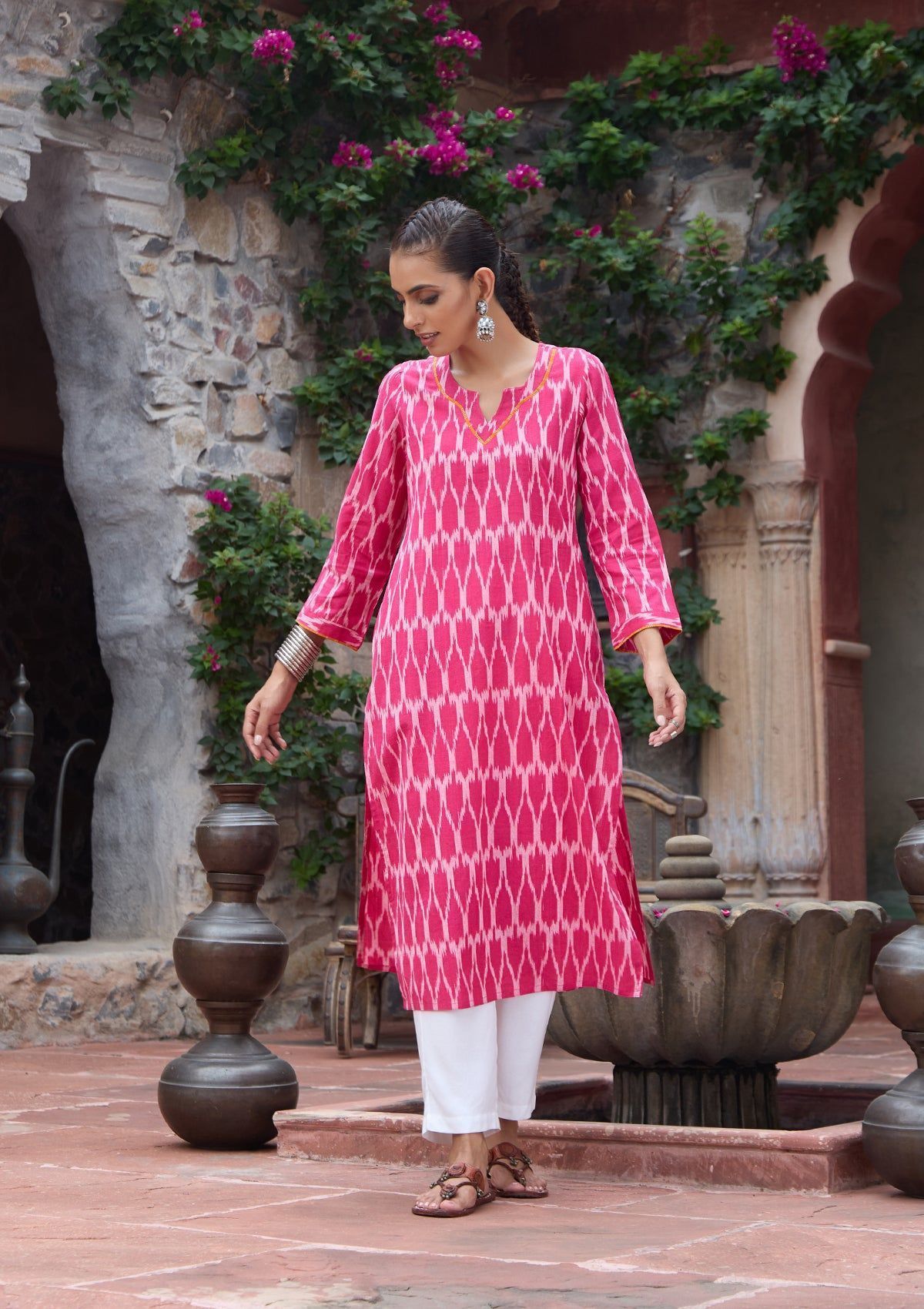 HOC Crafts Ikkat Cotton Solid Women's Long Kurta - Pink