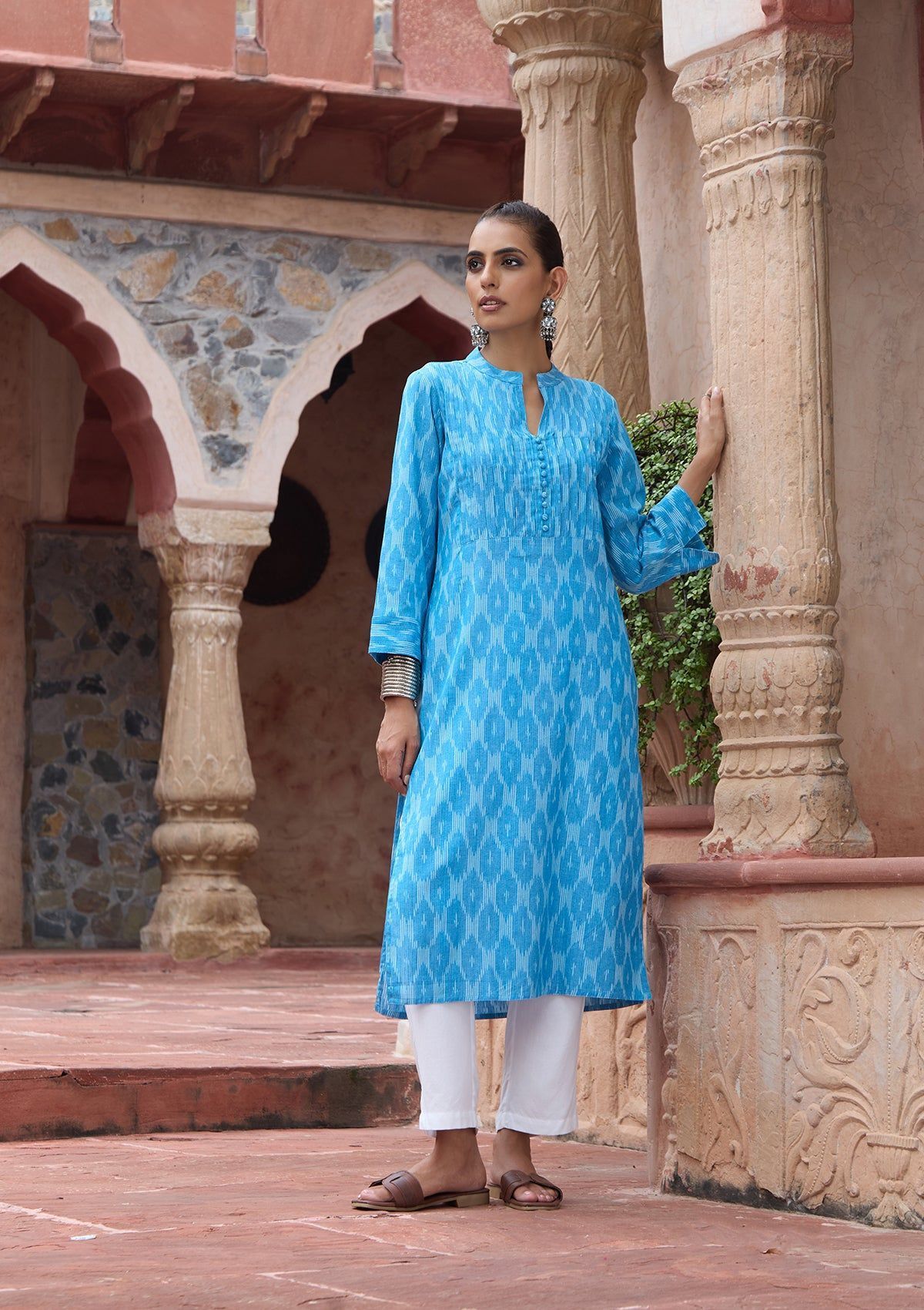 HOC Crafts Ikkat Cotton Solid Women's Long Kurta - Blue