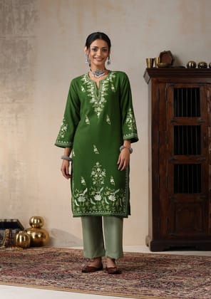 HOC Crafts Aari Embroidered Woollen Solid Women's Long Kurta -Green HOC Crafts Aari Embroidered Woollen Solid Women's Long Kurta -Green