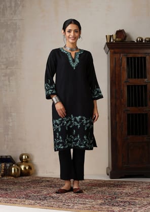 HOC Crafts Aari Embroidered Woollen Solid Women's Long Kurta - Black HOC Crafts Aari Embroidered Woollen Solid Women's Long Kurta - Black