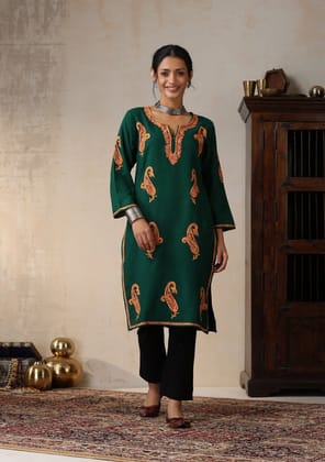 HOC Crafts Aari Embroidered Woollen Solid Women's Long Kurta - Green HOC Crafts Aari Embroidered Woollen Solid Women's Long Kurta - Green