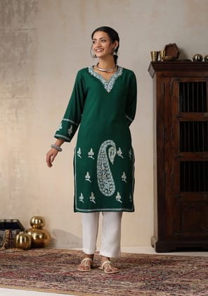 HOC Crafts Aari Embroidered Woollen Solid Women's Long Kurta - Green HOC Crafts Aari Embroidered Woollen Solid Women's Long Kurta - Green