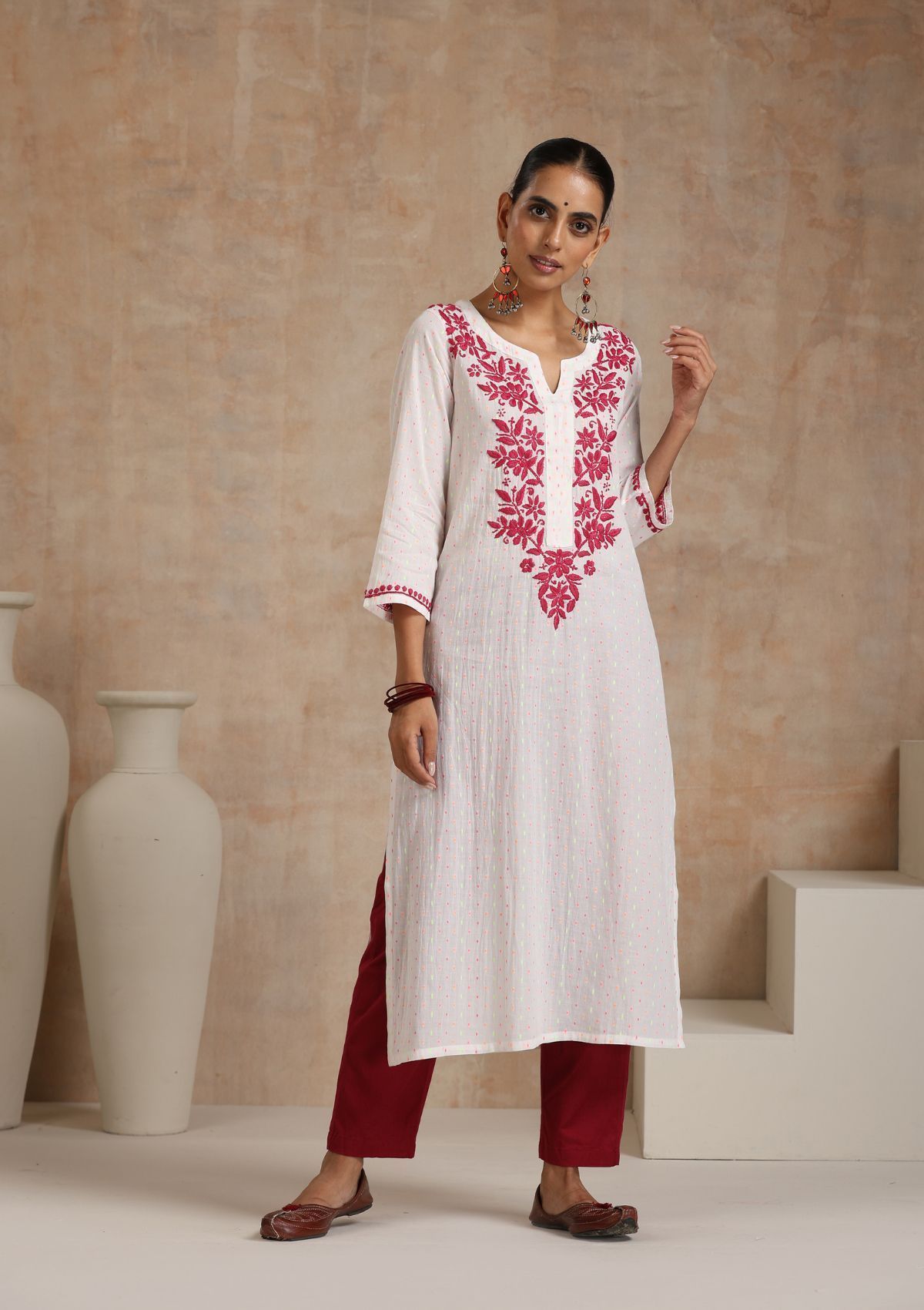 Cotton Chikankari Solid Women's Long Kurta - White