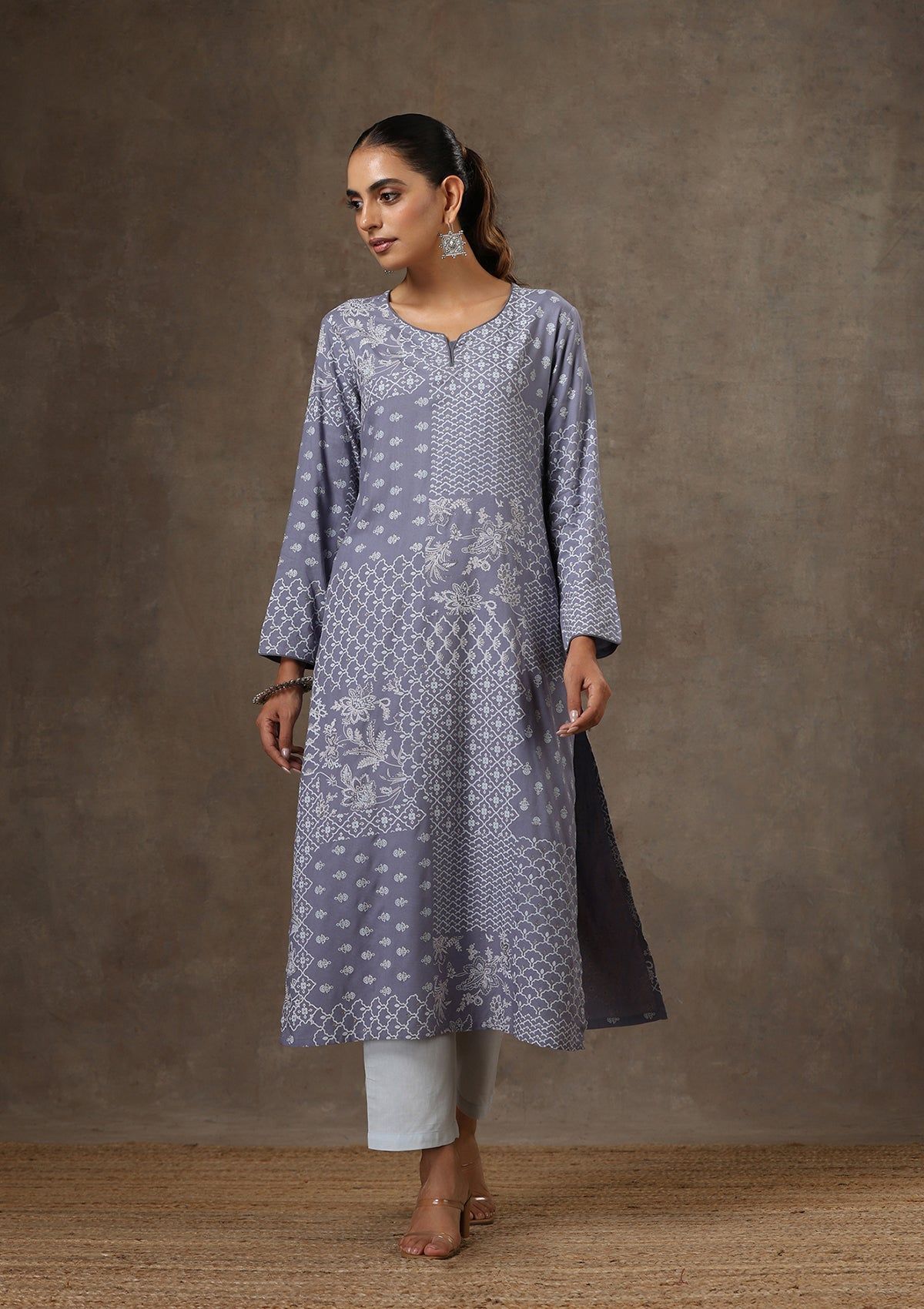 HOC Crafts Rayon Hand Embroidered Printed Women's 2 PC Long Kurta Set - Grey