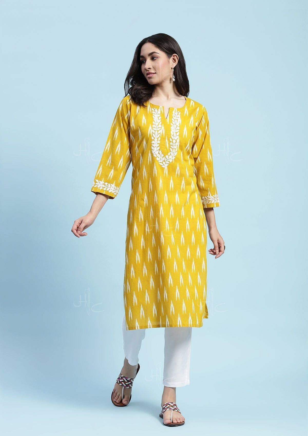 Cotton Chikankari Printed Women's Long Kurta - Yellow (Copy)