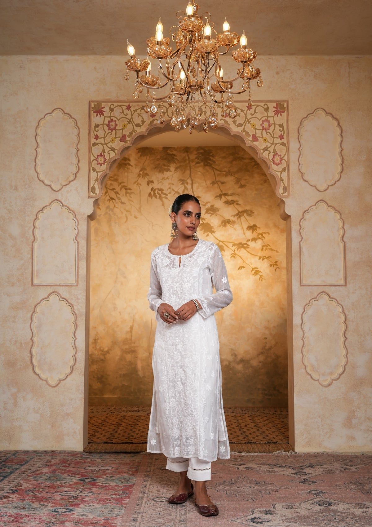 Kota Chikankari Solid Women's Long Kurta - White