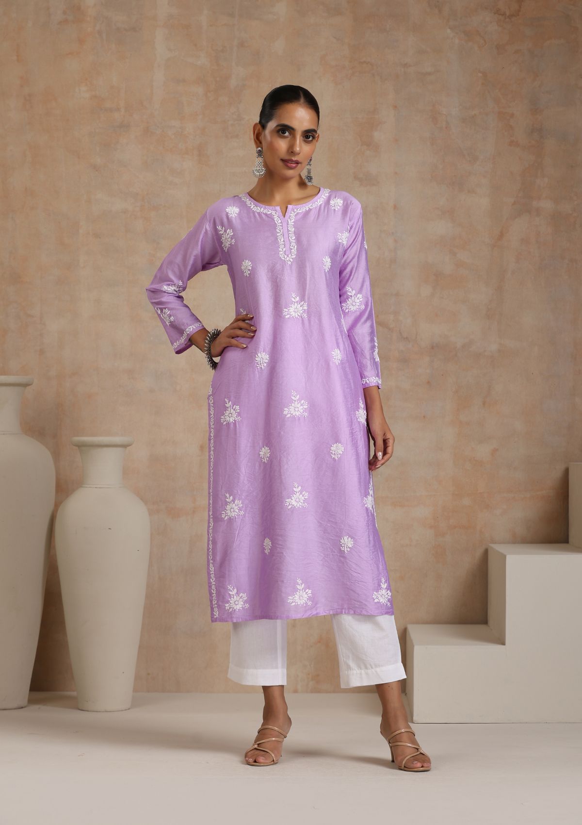 Chanderi Chikankari Solid Women's Long Kurta - Purple