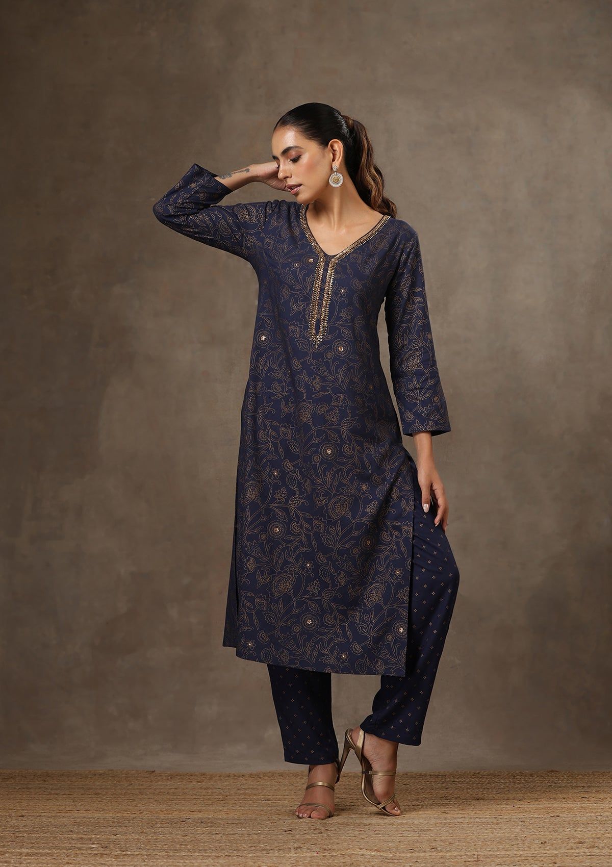 HOC Crafts Rayon Hand Embroidered Printed Women's 2 PC Long Kurta Set - Navy Blue