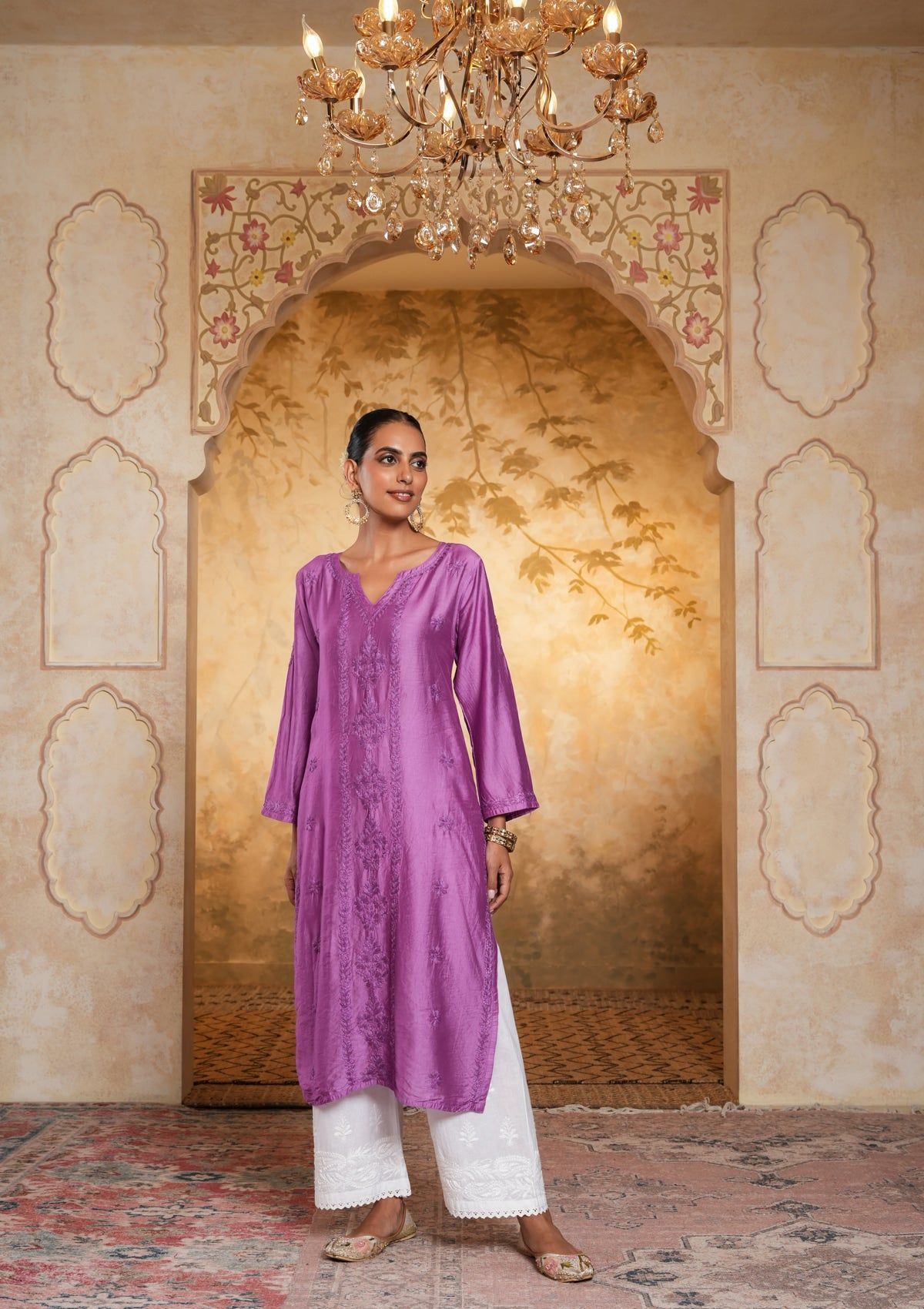 Chanderi Chikankari Solid Women's Long Kurta - Purple