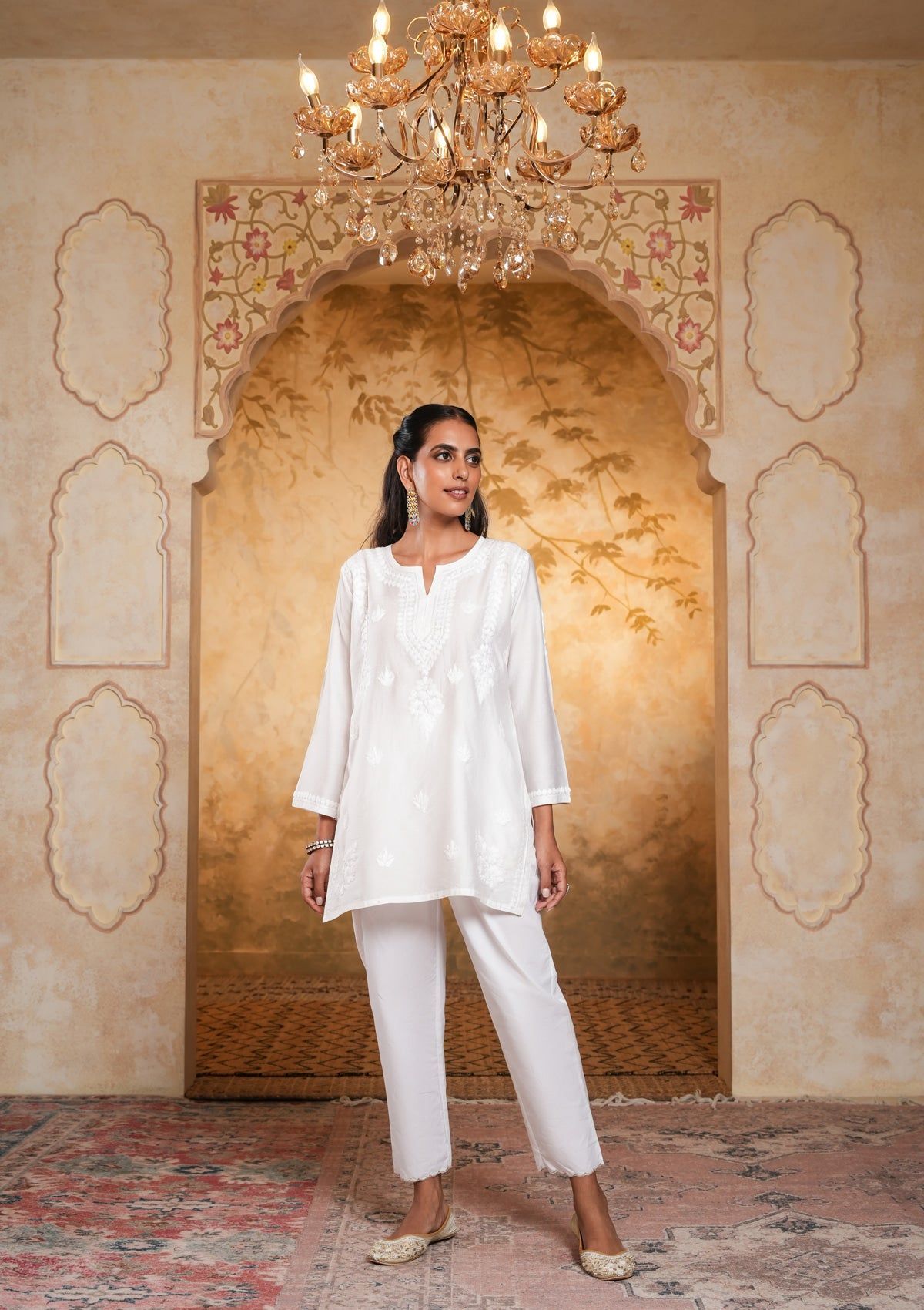 Chanderi Chikankari Solid Women's Short Kurta - White