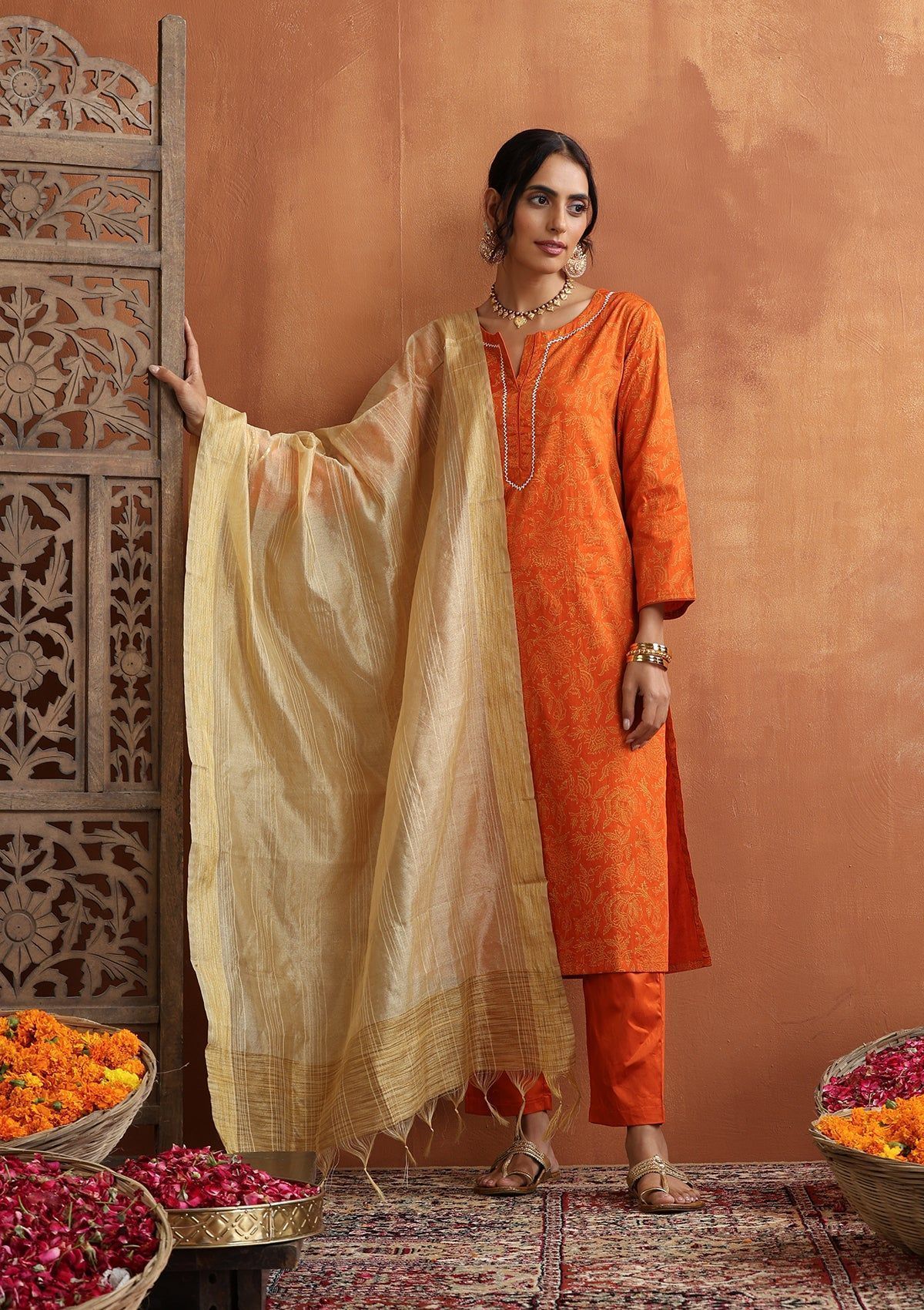HOC Crafts Glazed Cotton Hand Block Printed with Hand Embroidery Women's 3 PC Long Kurta Set with dupatta - Orange