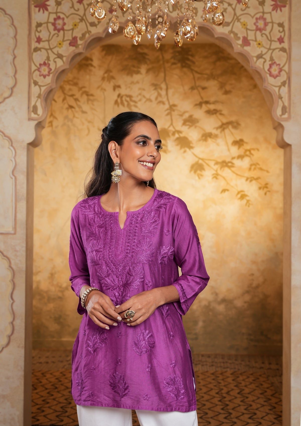 Chanderi Chikankari Solid Women's Short Kurta - Purple