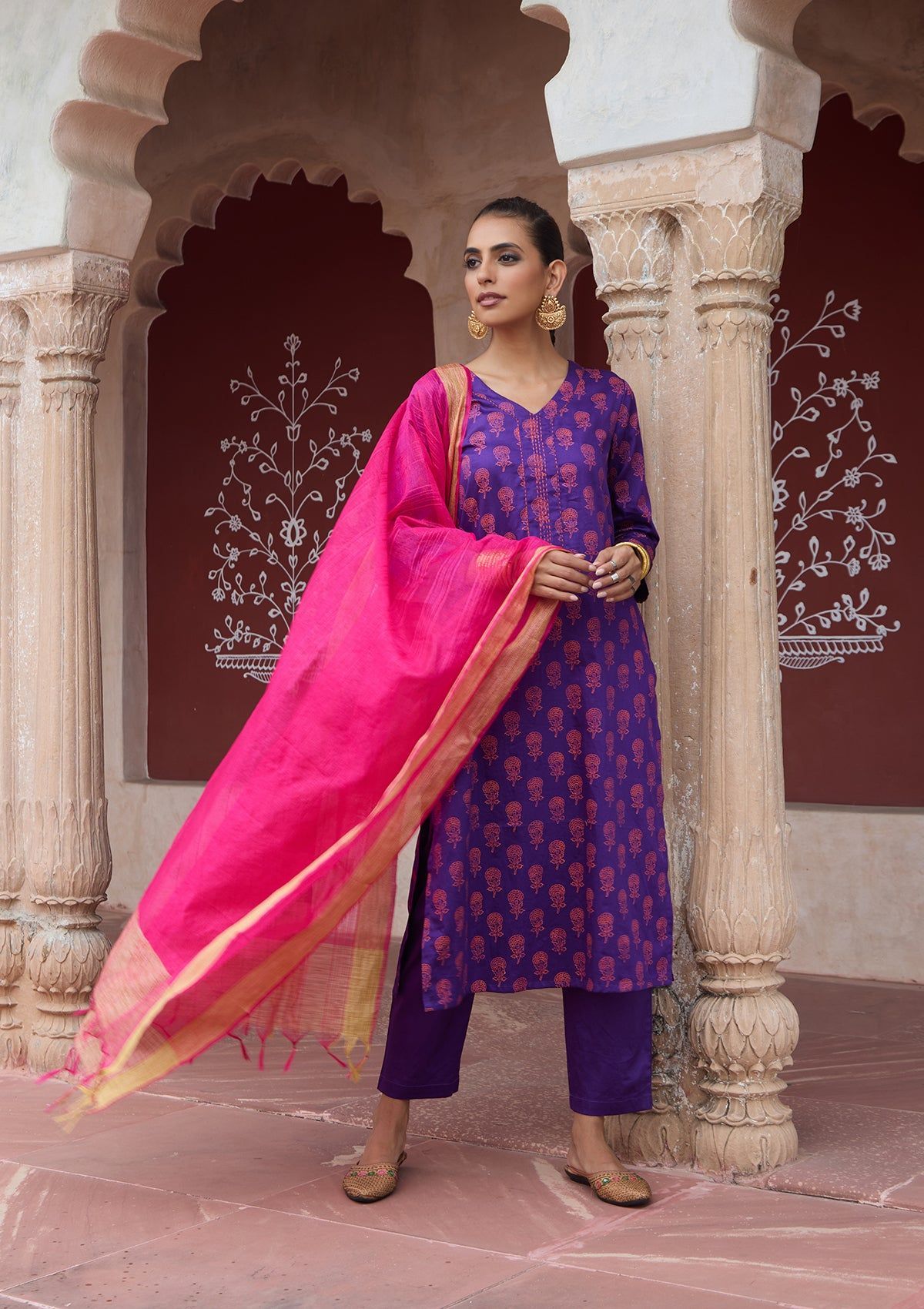 HOC Crafts Glazed Cotton Hand Block Printed with Hand Embroidery Women's 3 PC Long Kurta Set with dupatta - Dark Purple