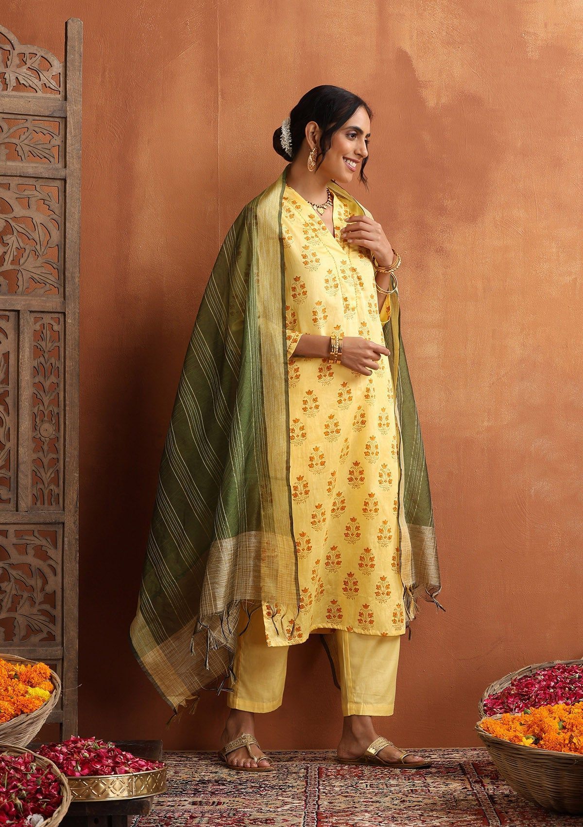HOC Crafts Glazed Cotton Hand Block Printed with Hand Embroidery Women's 3 PC Long Kurta Set with dupatta - Yellow