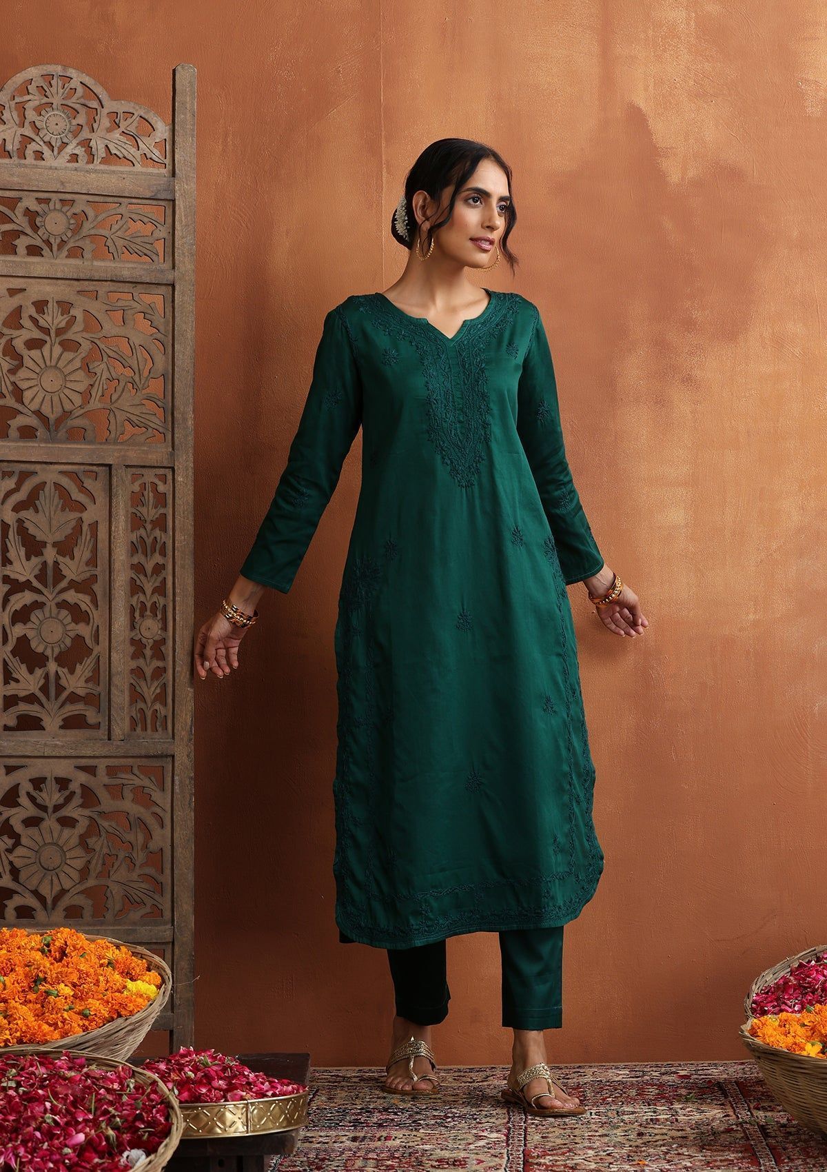 Jaam Silk Chikankari Solid Women's 2 PC Long Kurta Set - Green