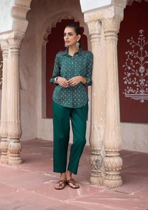 HOC Crafts Glazed Cotton Hand Block Printed with Hand Embroidery Women's 2 PC Co-ord Set - Dark Green HOC Crafts Glazed Cotton Hand Block Printed with Hand Embroidery Women's 2 PC Co-ord Set - Dark Green