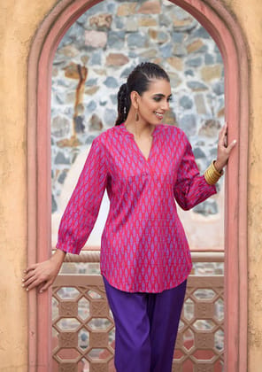 HOC Crafts Glazed Cotton Hand Block Printed with Hand Embroidery Women's Short Kurta - Maroon HOC Crafts Glazed Cotton Hand Block Printed with Hand Embroidery Women's Short Kurta - Maroon