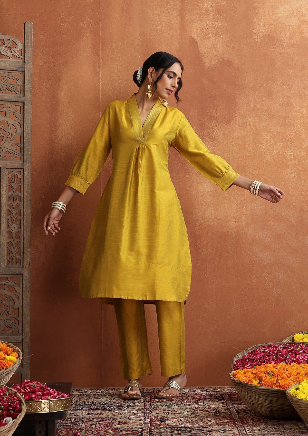 HOC Crafts Silk Blended Zari Pintucks Solid Women's 2 PC Long Kurta Set - Yellow