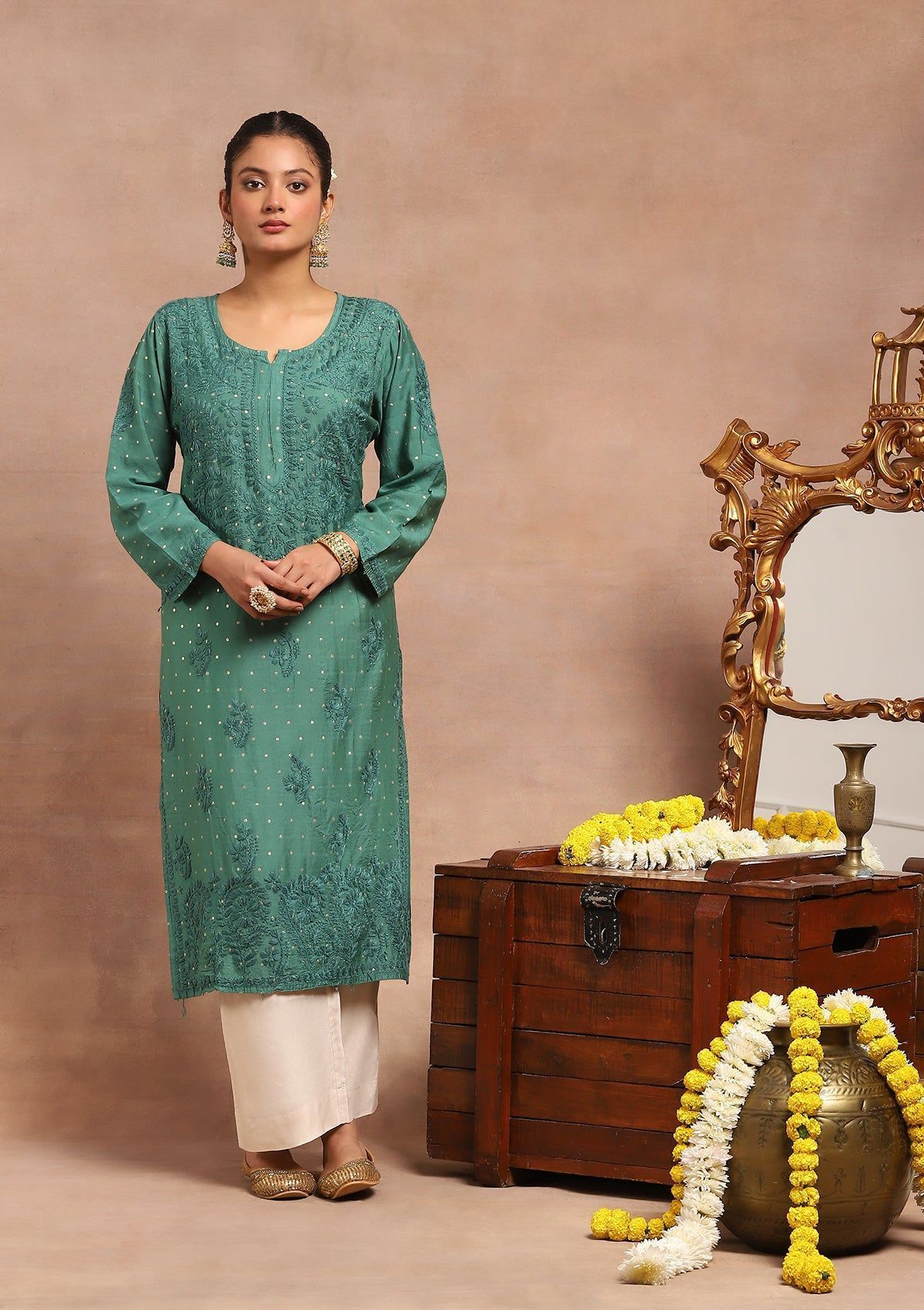Chanderi Chikankari Solid Women's Long Kurta- Dark Green
