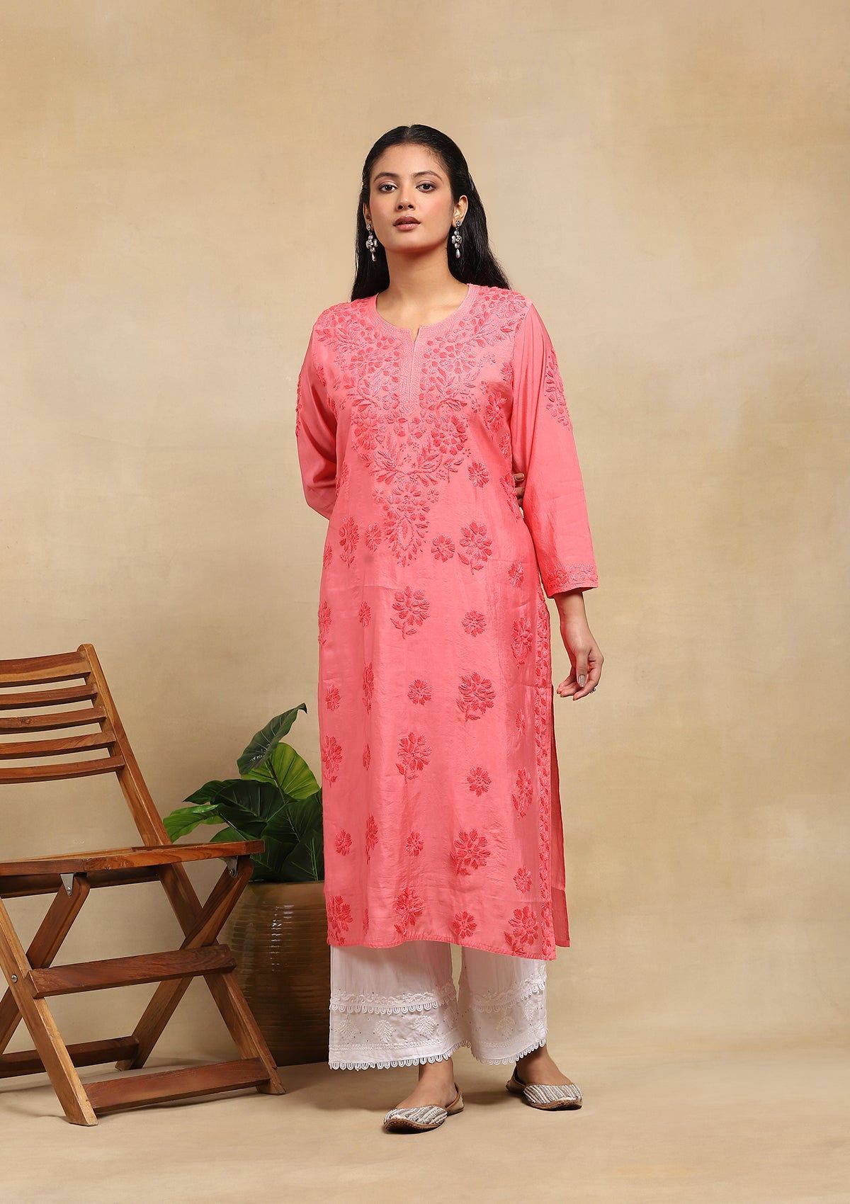 Chanderi Chikankari Solid Women's Long Kurta- Light Pink