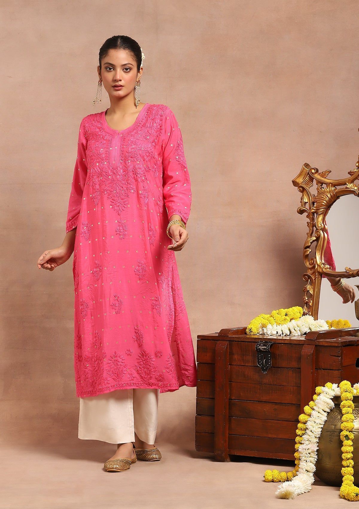 Chanderi Chikankari Solid Women's Long Kurta- Dark Pink
