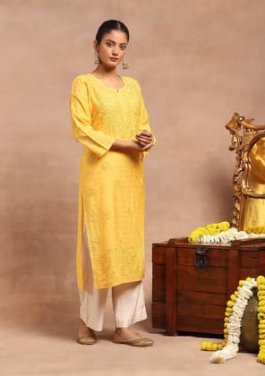 Chanderi Chikankari Solid Women's Long Kurta- Yellow Chanderi Chikankari Solid Women's Long Kurta- Yellow