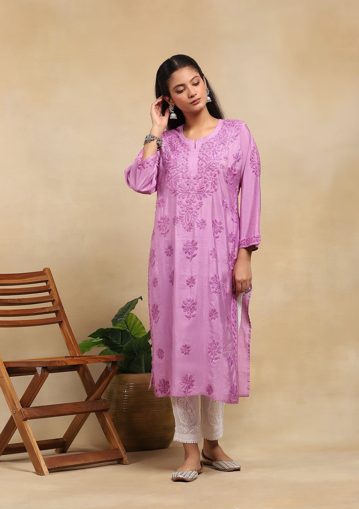 Chanderi Chikankari Solid Women's Long Kurta- Purple