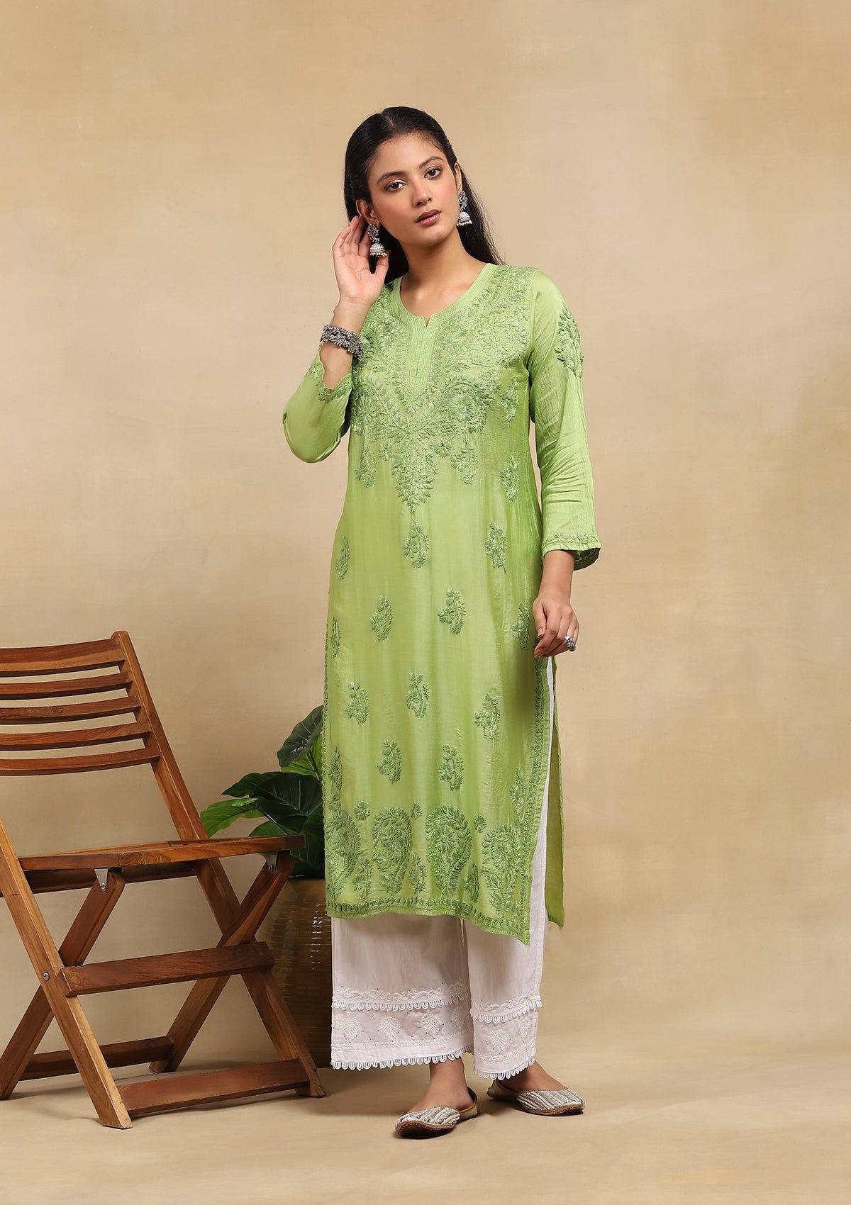 Chanderi Chikankari Solid Women's Long Kurta- Light Green