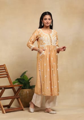 Chanderi Chikankari Solid Women's Long Kurta- Beige Chanderi Chikankari Solid Women's Long Kurta- Beige