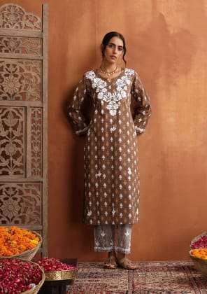 Cotton Chikankari Printed Women's 2 PC Long Kurta Set - Brown Cotton Chikankari Printed Women's 2 PC Long Kurta Set - Brown