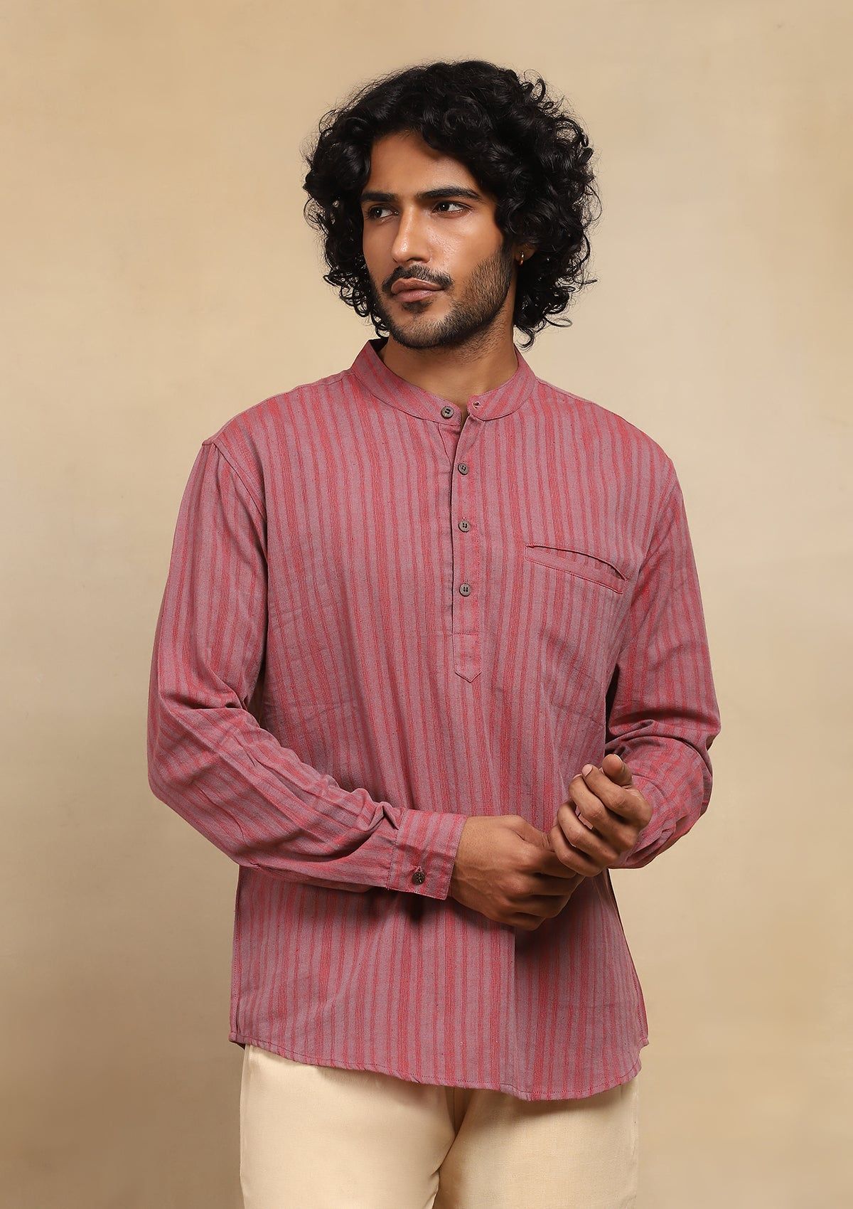 HOC Crafts Handloom Solid Men's Short Kurta - Red