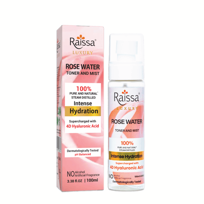 Raissa Rose Water Toner For Face| With 4D Hyaluronic Acid & 100% Pure Rose Extracts| Tightens Pores| Instantly Hydrates| Balances pH| Alcohol-Free| Non-Drying| Soft Spray| All Skin types| 100 ml