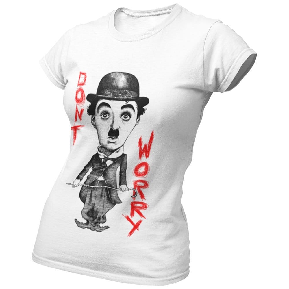 EqualLife Pure Cotton Bio-Washed Chest Printed T-Shirt - Inspiration Series - Charlie Chaplin Don't Worry - by ZingerTees-Women-EL9120588-F