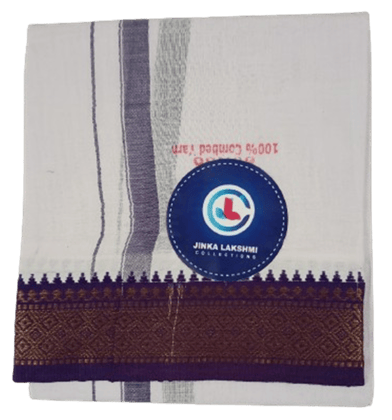 -Jinka Lakshmi Collections White Cotton Dhoti With Zari Border 2 Meters Unstiched Pack of 1 - Jinka Lakshmi Collections