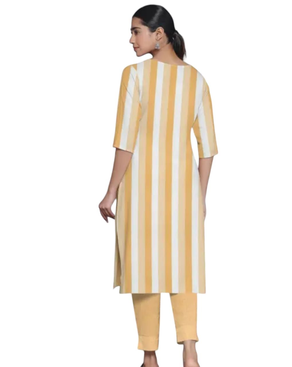  Women's Mustard Yellow Striped Straight Kurta with Pant Set